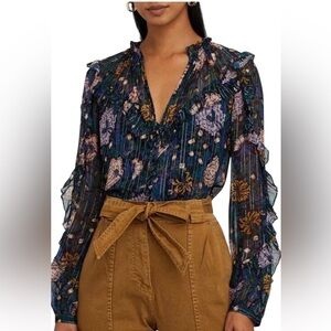 Veronica Beard Floral Ruffle V-Neck Blouse
